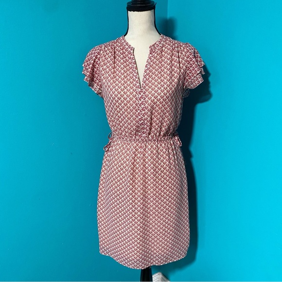 H&M Dresses & Skirts - H&M 6 Red Cream Print Split Neck Drawstring Side Tie Waist Mini Dress